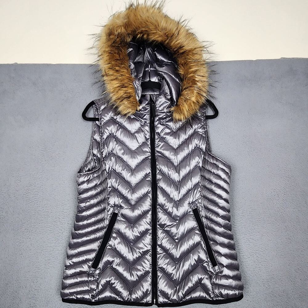 Calvin Klein Performance Vest Womens XL Silver Hooded Down Puffer Faux Fur